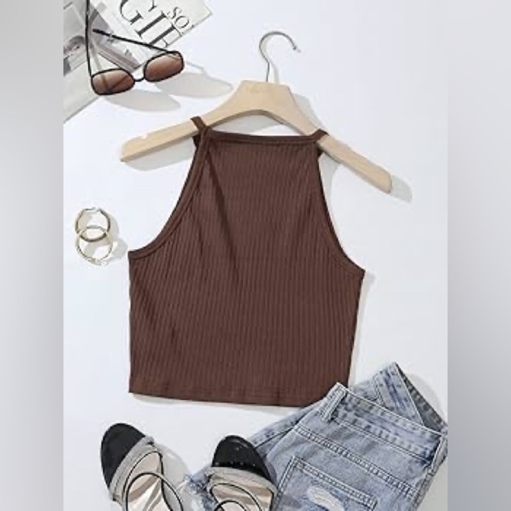 Brown Ribbed Halter Crop Top